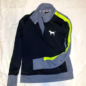 Black, grey, and green athletic jacket. PINK